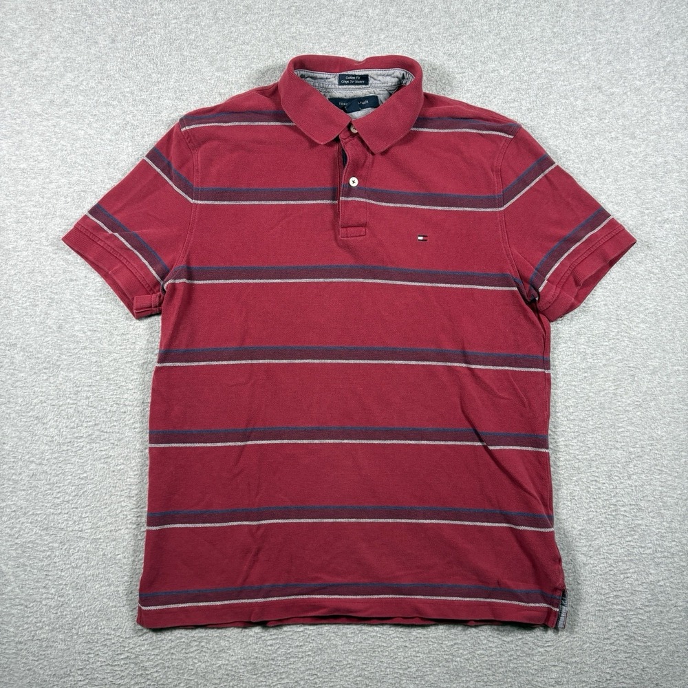 Tommy Hilfiger Mens Large Polo Shirt Red Burgundy Striped Cotton Preppy Casual